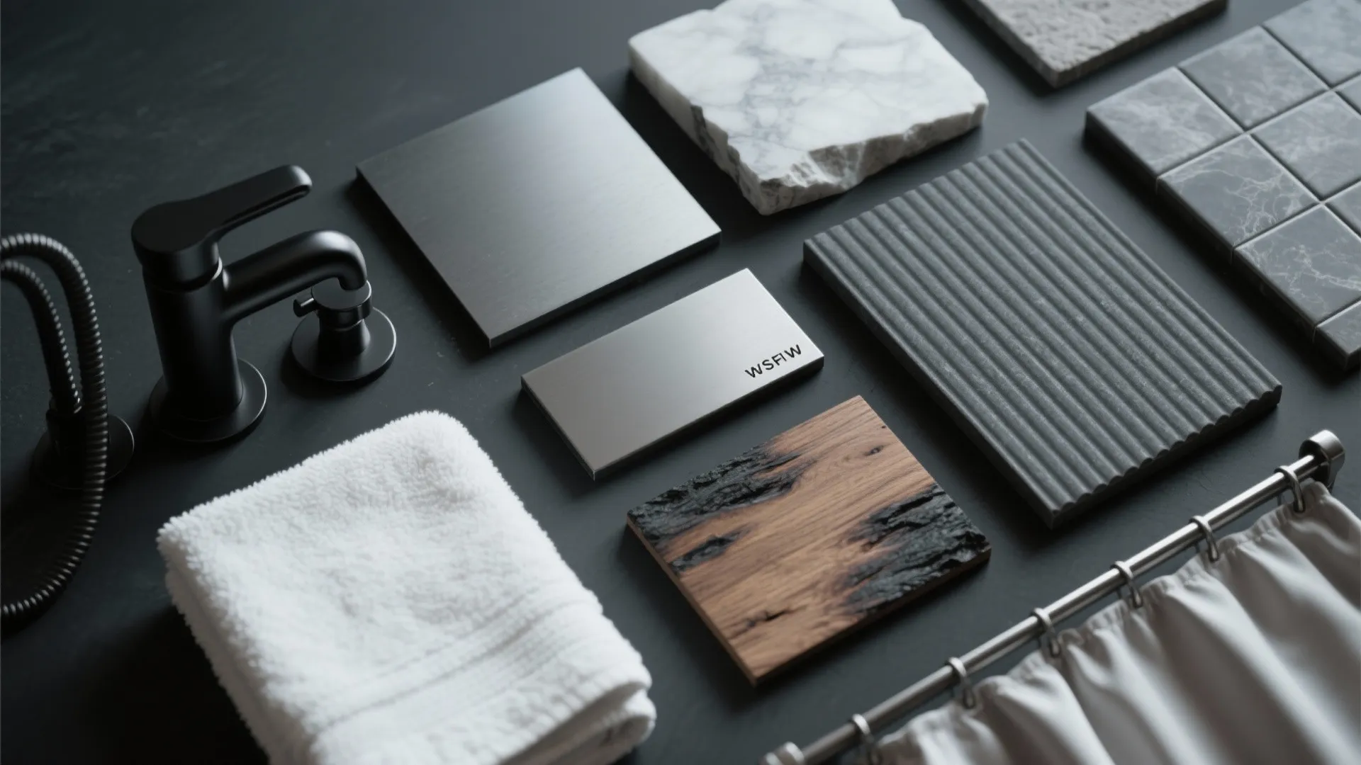 Material mood board for bathroom design including black faucet and various stone and wood tiles