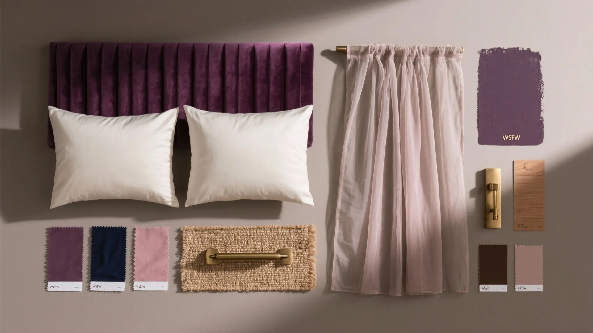 Interior design mood board with purple fabric samples and white pillows plus a pink curtain