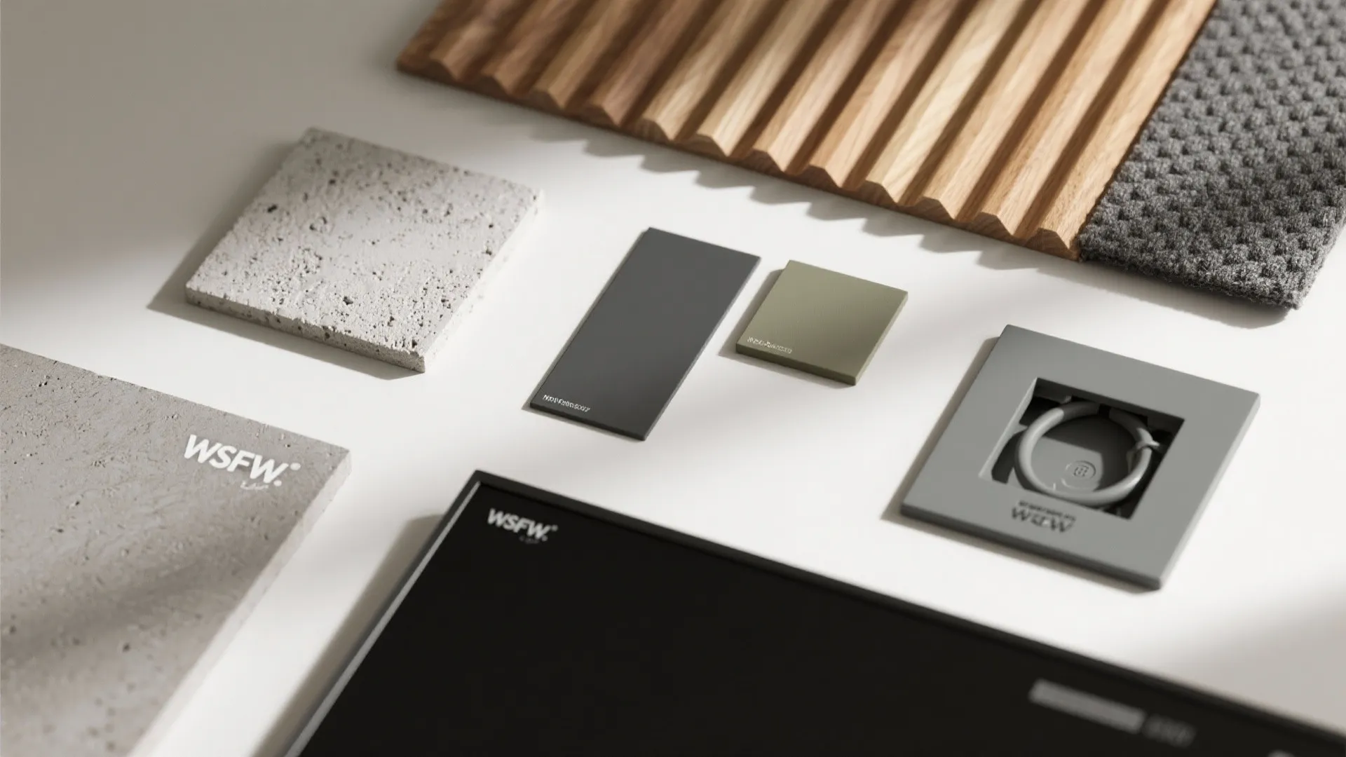 Interior design material board with wood panel samples stone tiles grey carpet and color paint chips