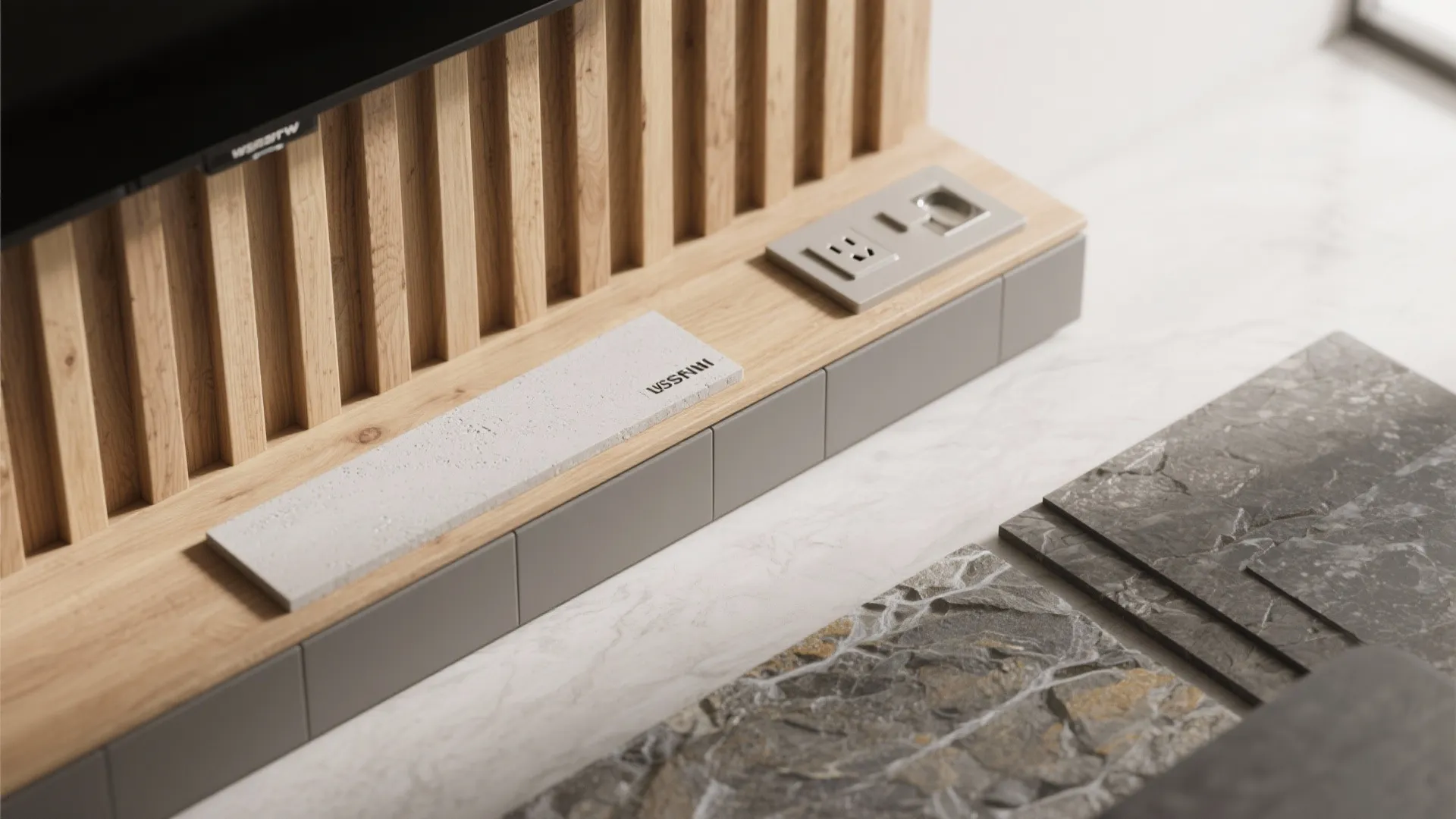 2) Textured Backdrop: Wood Slats, Stone, or Microcement