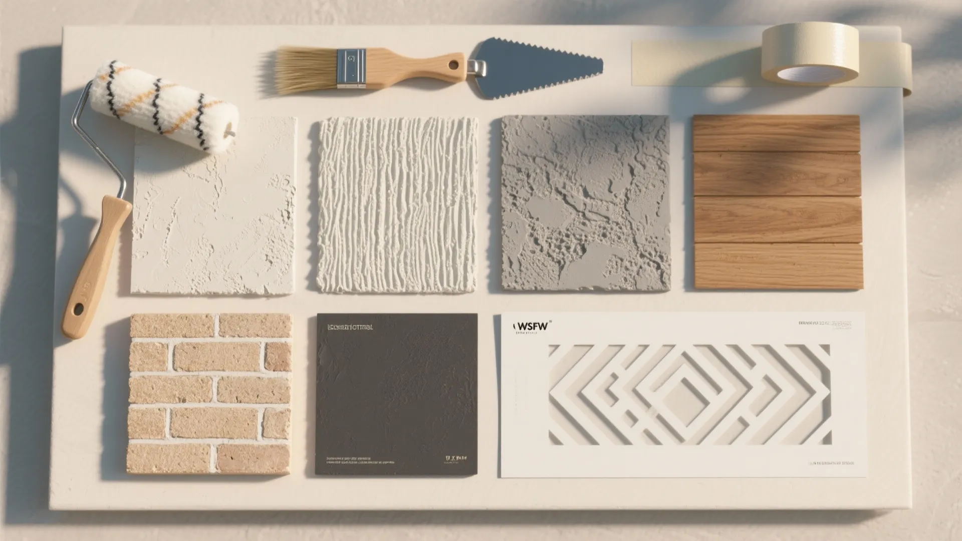 Flatlay of interior design materials including wood brick texture samples paint roller brush and tape