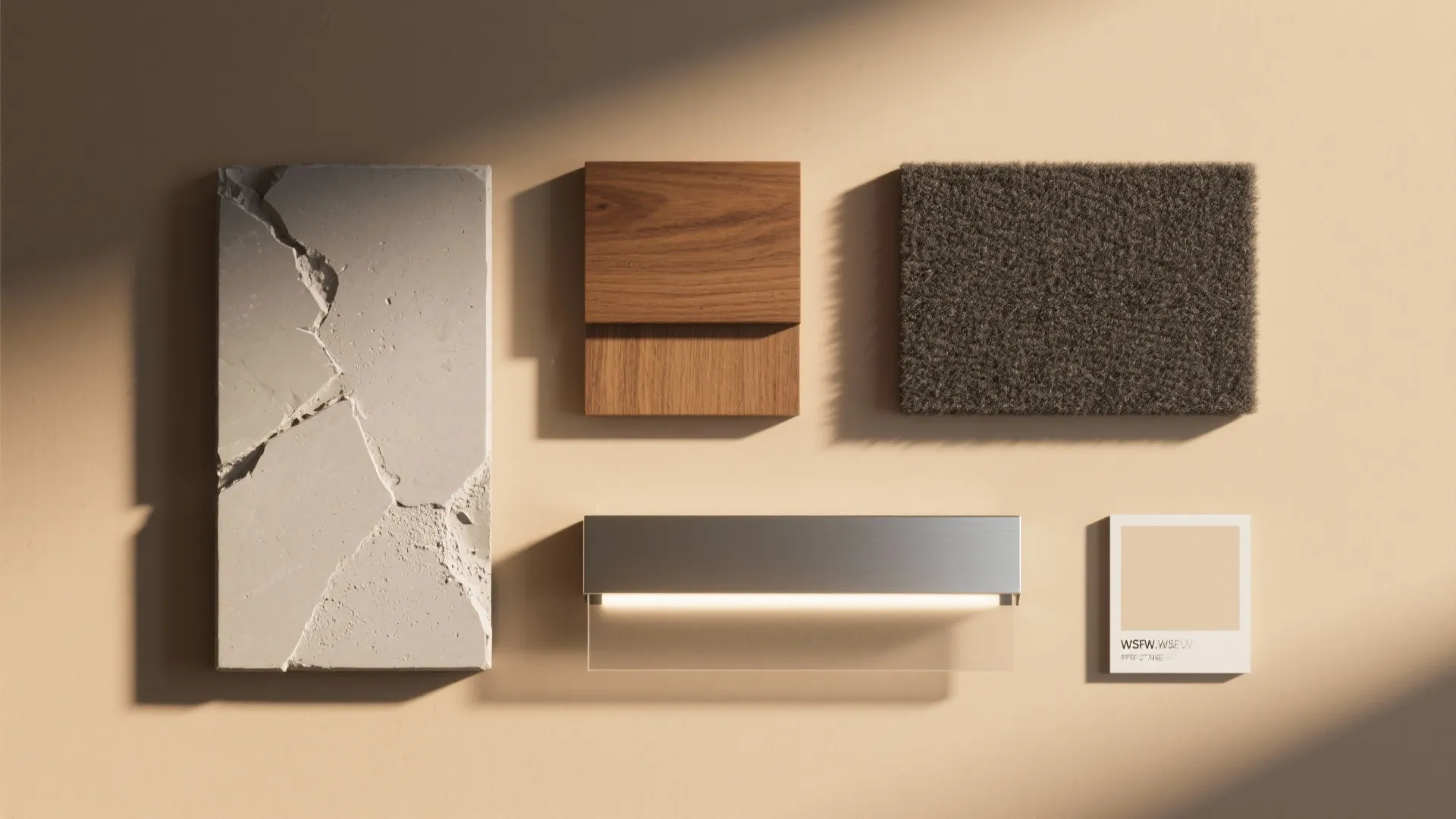 Interior design material samples including stone wood carpet metal light fixture and beige color card