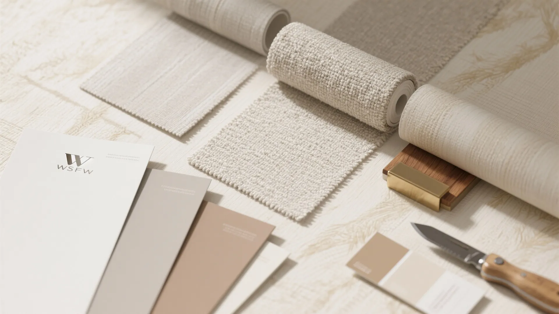 Interior design mood board with fabric rolls color samples wood pieces and a small knife