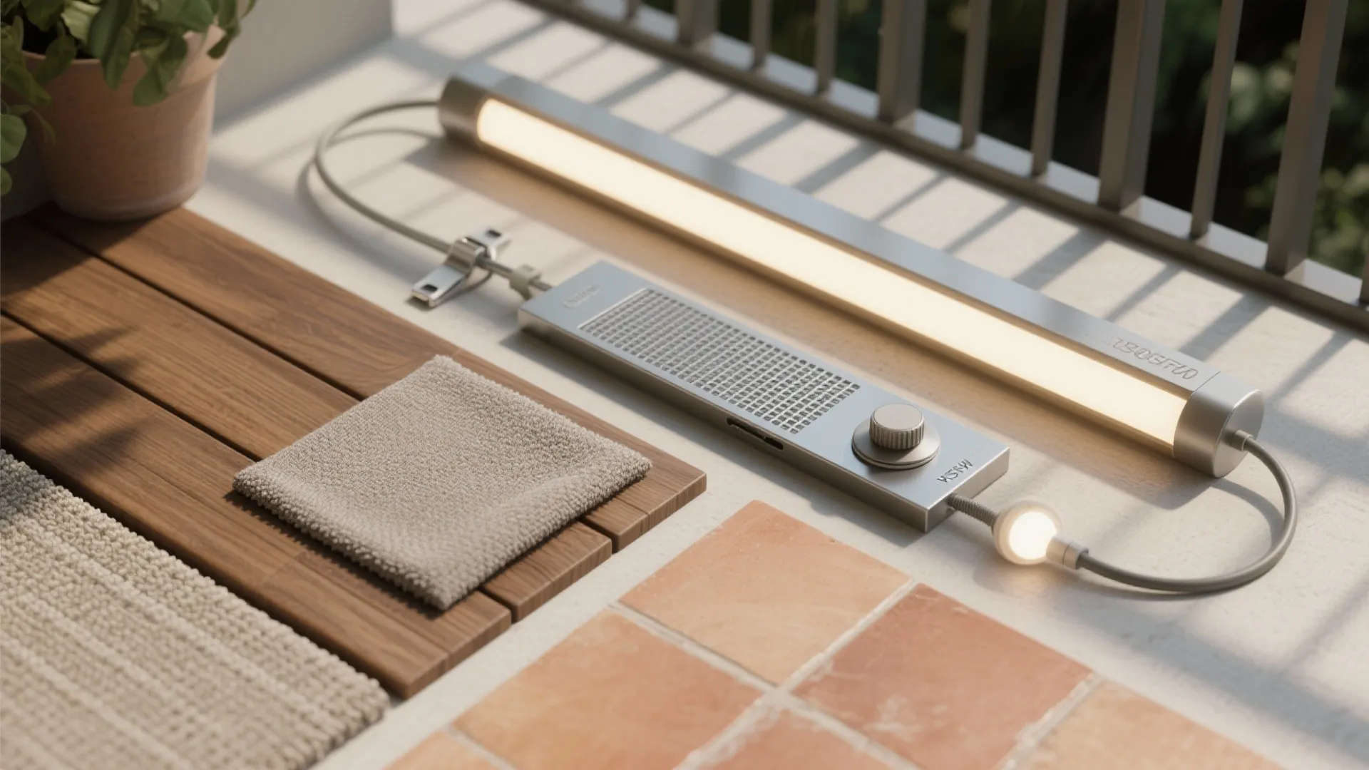Close up of light fixture components wood flooring samples fabric textures and tiles for balcony