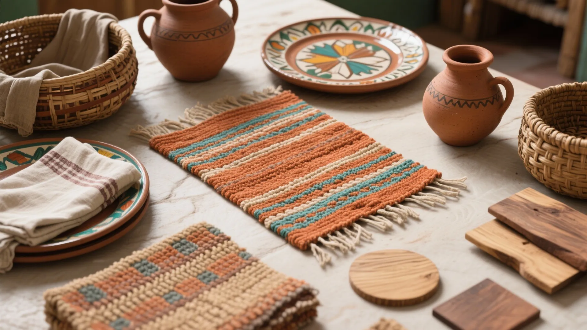 4. Texture layering—rugs, pottery and woven baskets