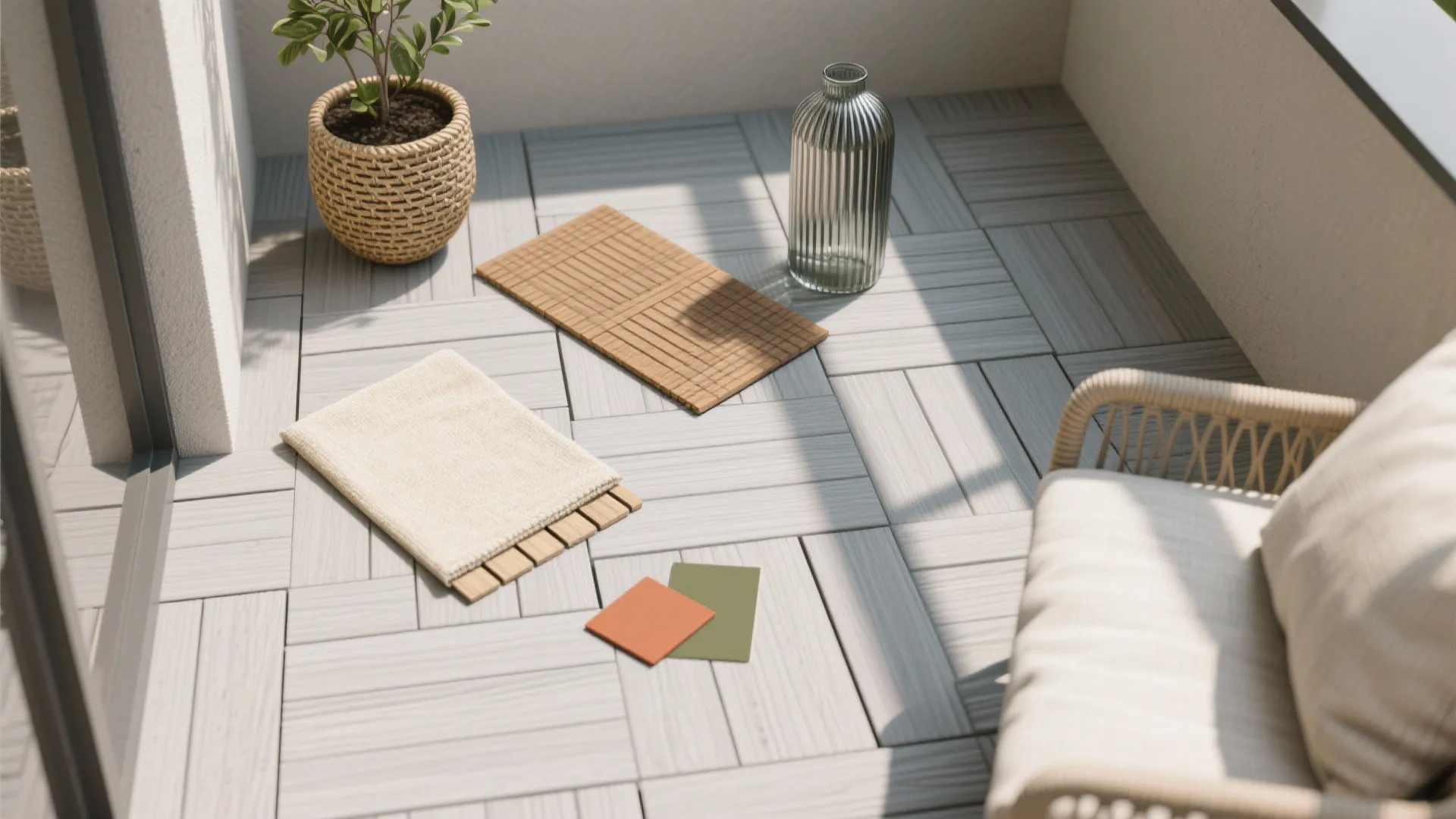 Outdoor balcony floor tiles showing material samples including wood glass vase green plant and woven chair
