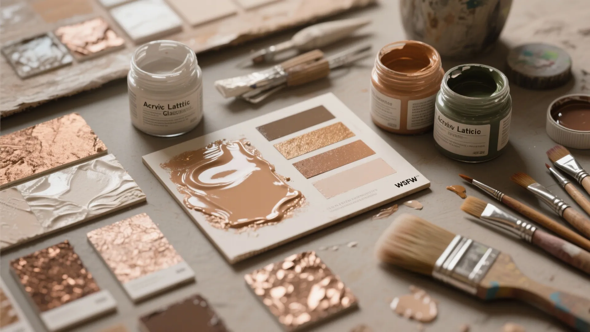 Interior design mood board with paint jars, paintbrushes, color swatches, and various textured material samples
