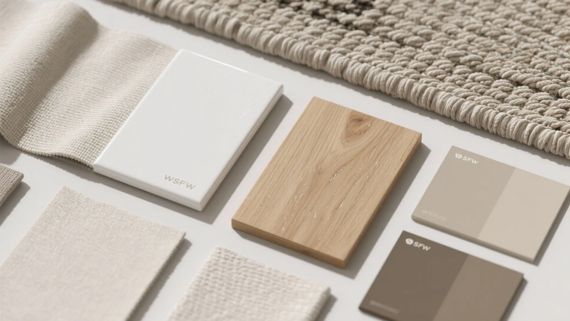 Interior design material samples including white tile, wood board, beige fabric swatches, and color cards