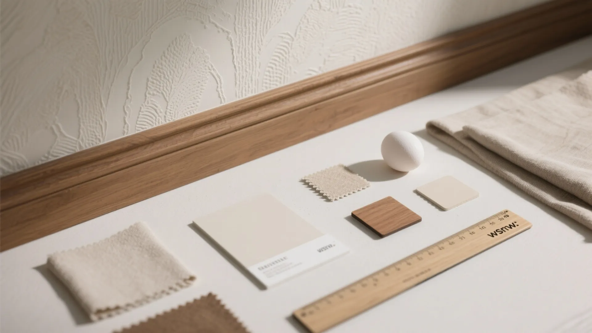 Interior design mood board with fabric swatches wood samples paint cards egg and wooden ruler