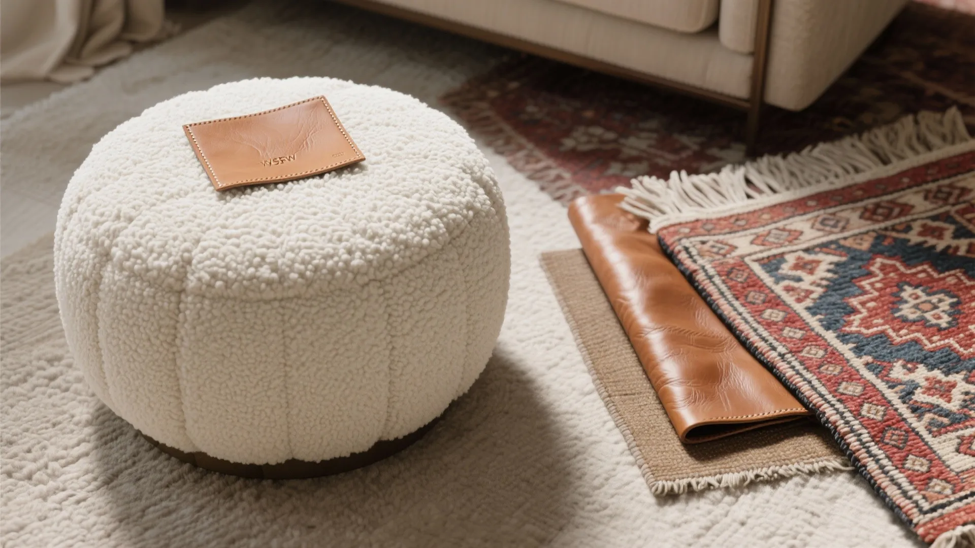 Texture-Forward Accent Ottomans (Bouclé, Leather, Kilim)