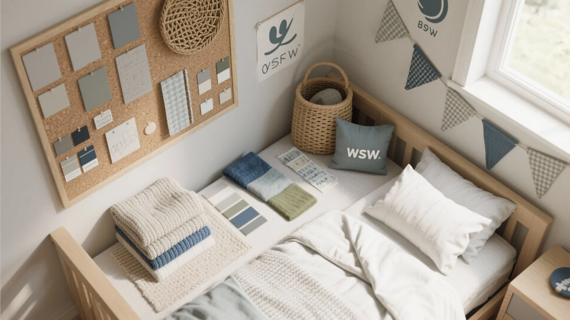 Interior design mood board flatlay with fabric swatches color samples pins and folded knitted blankets