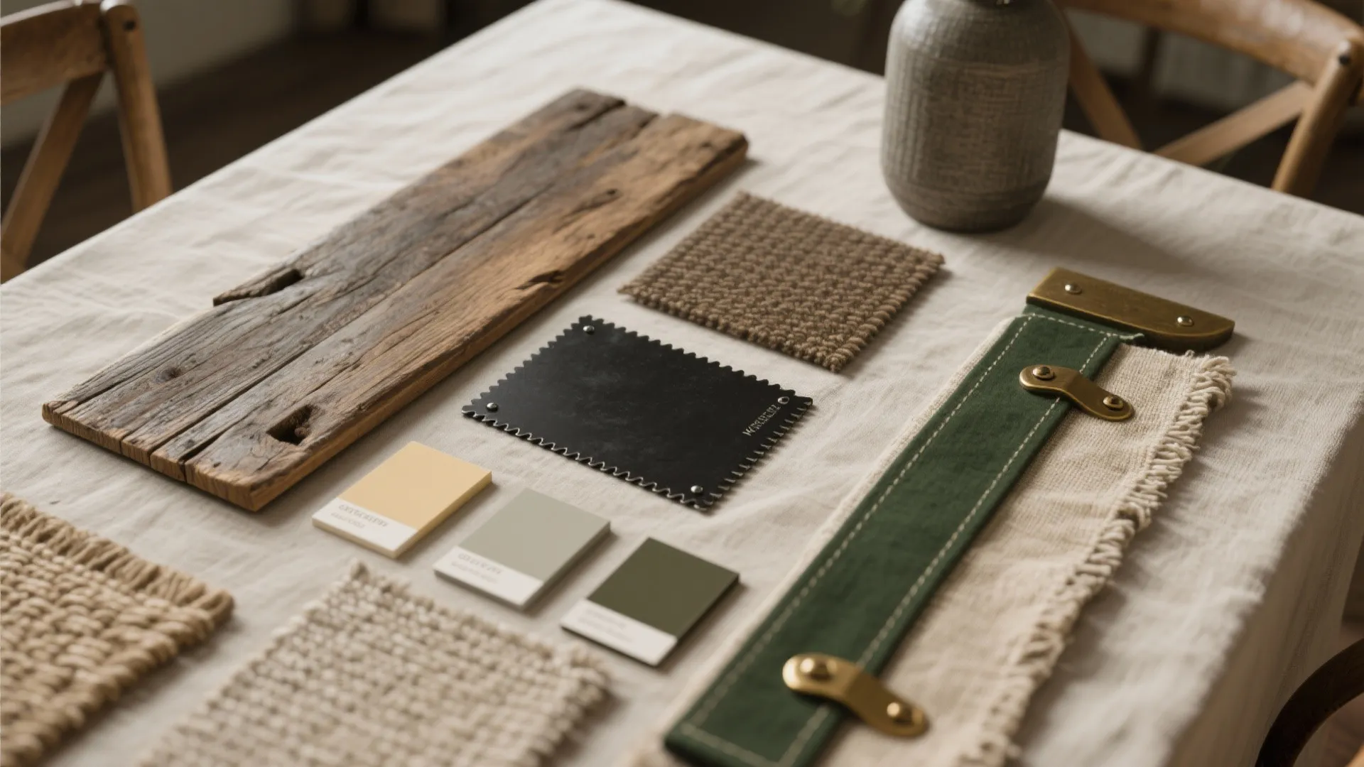 Flatlay of wood, metal, linen and rug samples for a rustic dining palette
