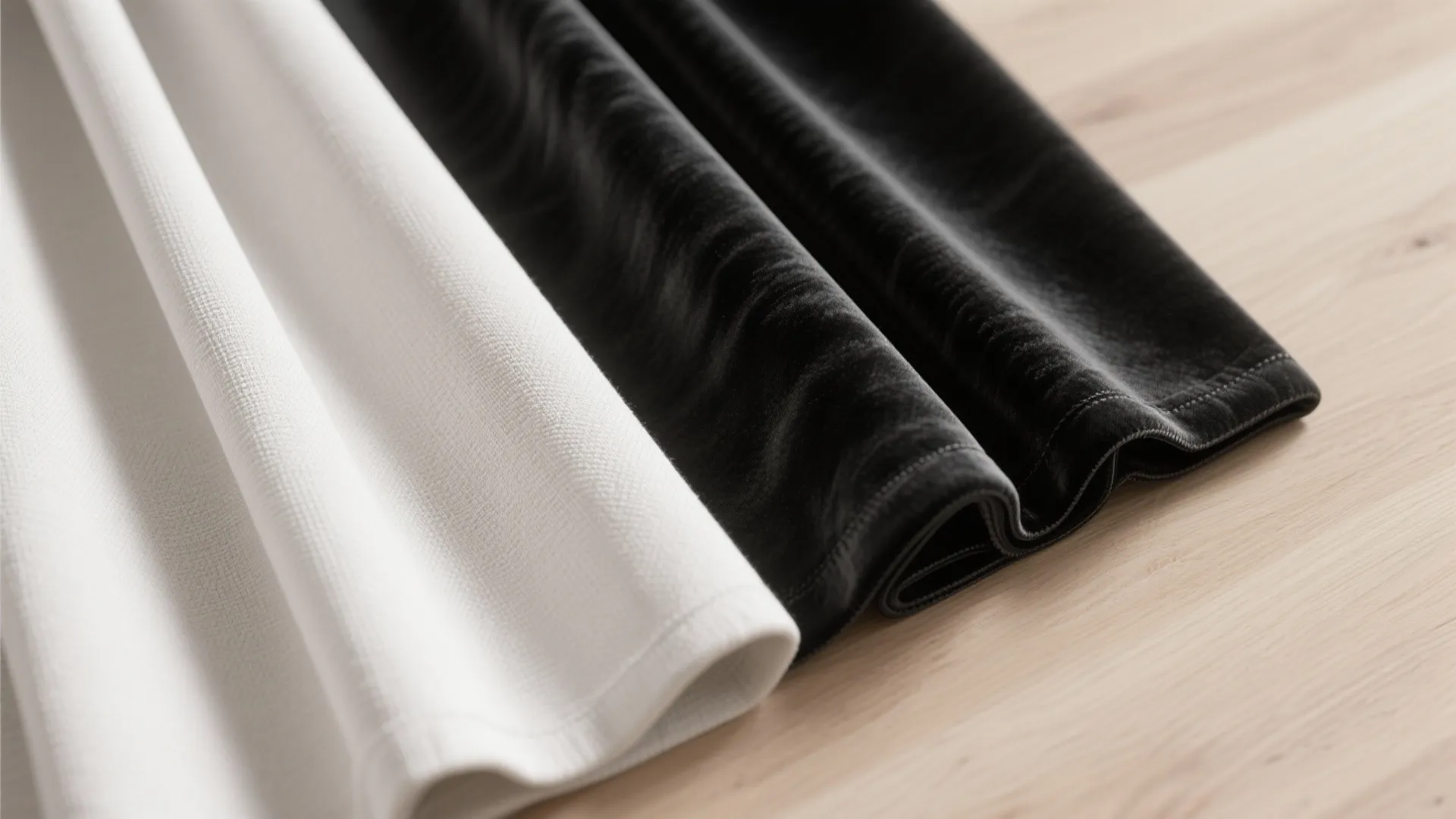 Flatlay of linen, velvet, and technical blackout curtain fabrics in black and white