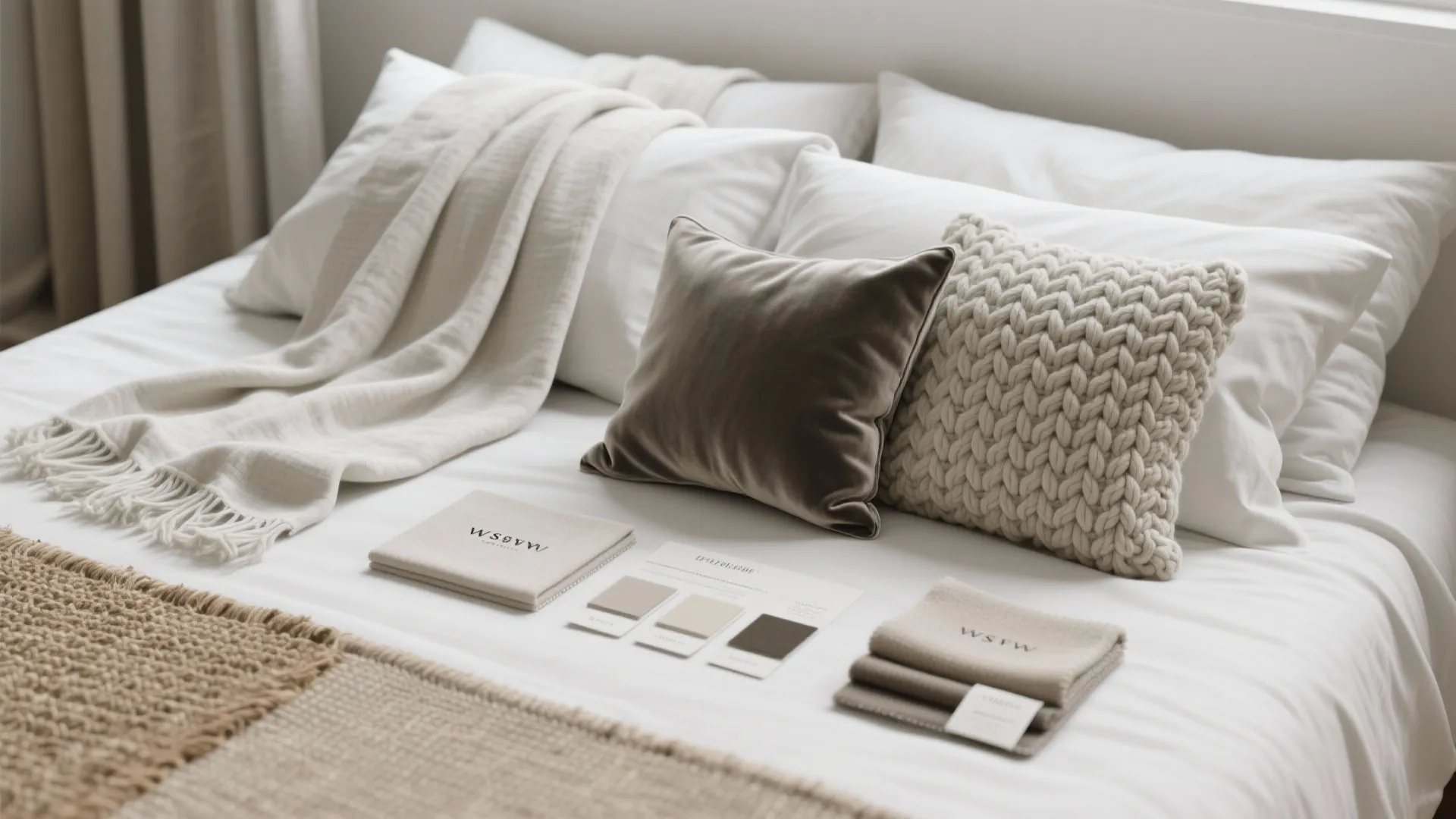 Flatlay of linen, velvet, chunky knit and sisal swatches for a monochrome white bedroom.