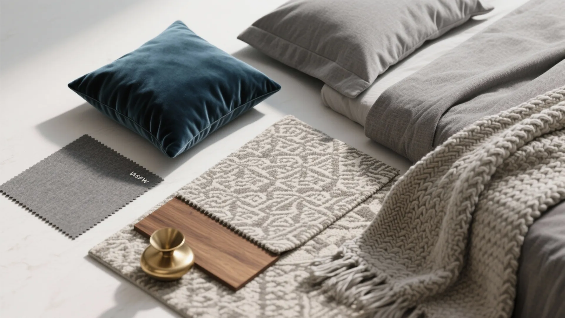 Flatlay of grey upholstery, velvet teal pillow, patterned rug and warm wood and brass samples.