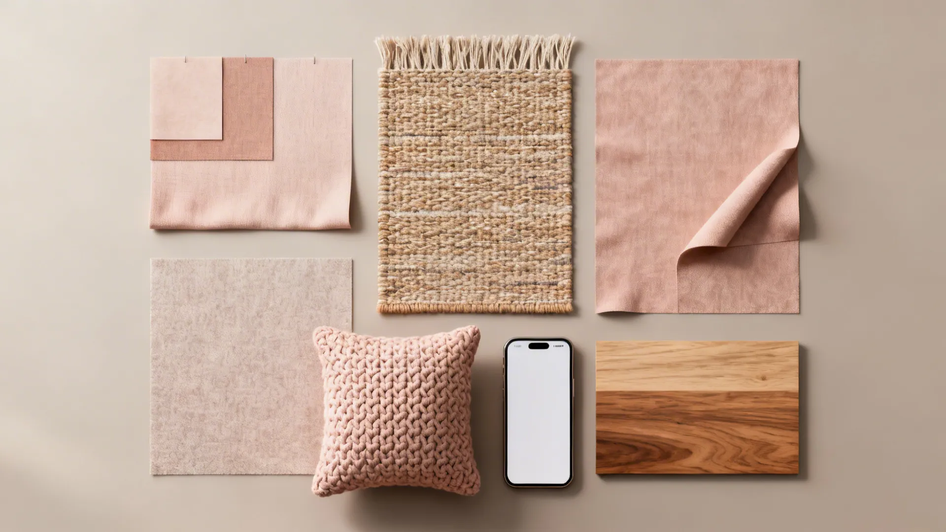Flatlay of neutral nursery color swatches and tactile textures like woven rug and knitted cushion.