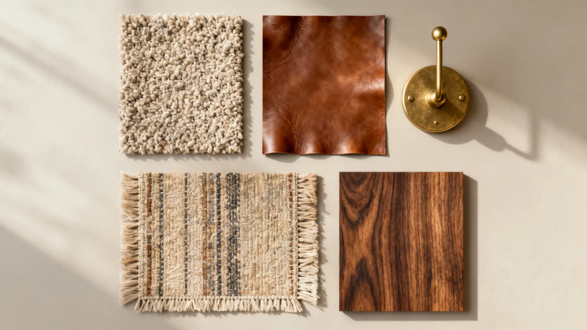 Flatlay of boucle, leather, woven rug and walnut wood samples for mid-century rooms