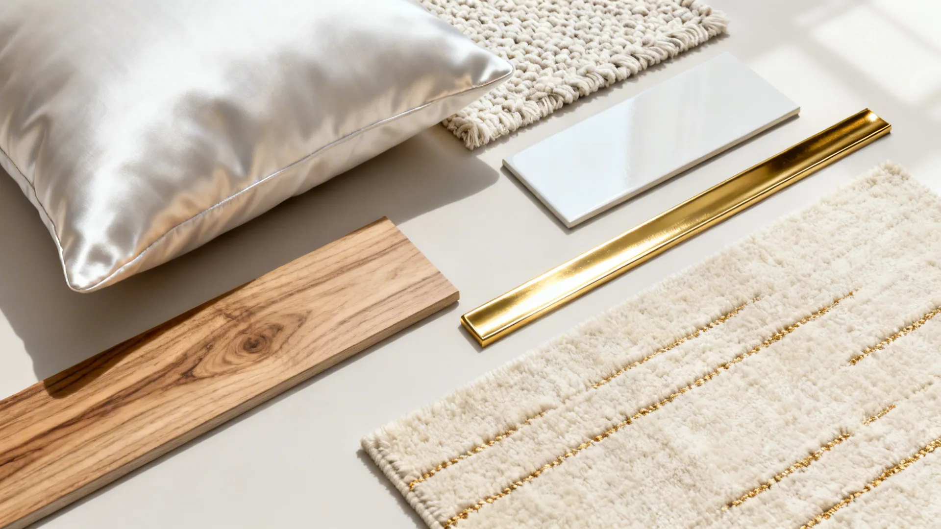 Flatlay of silk, boucle, lacquer, wood and gold trim samples for white-and-gold palette