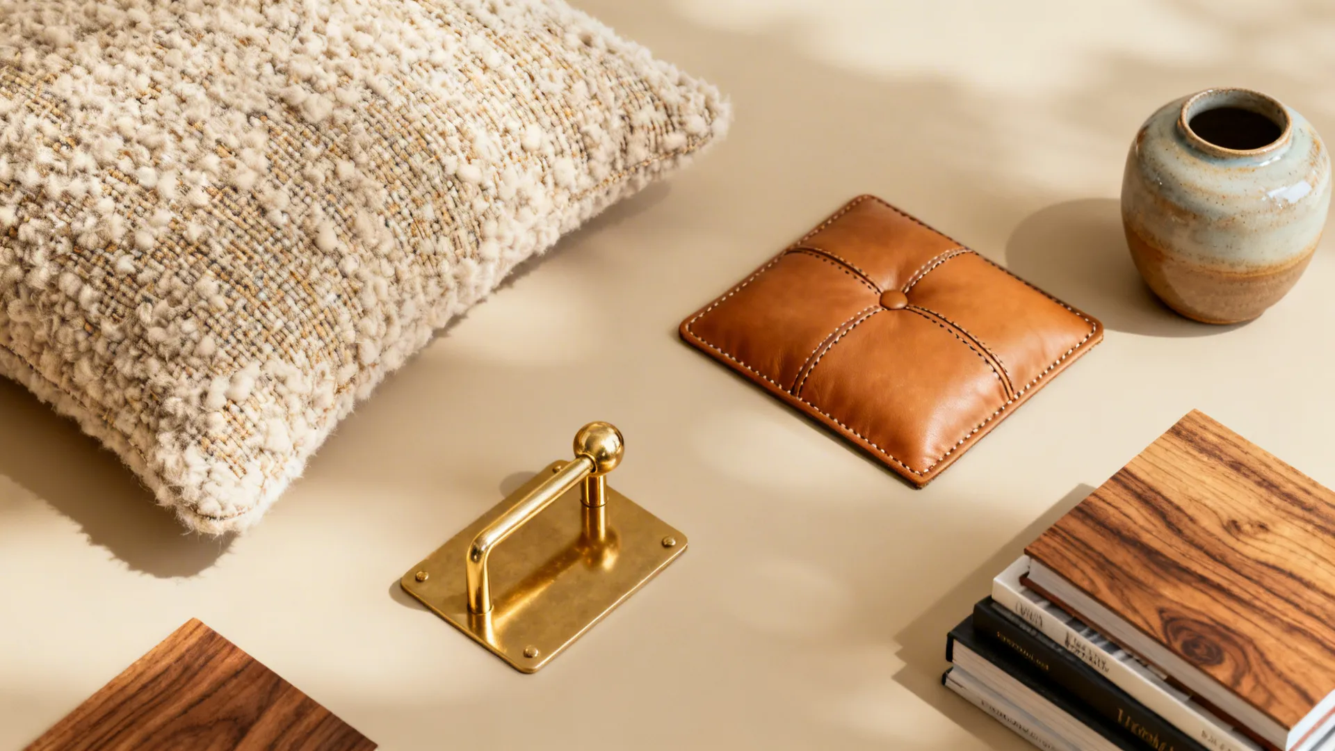 Flatlay of bouclé, leather, brass and wood samples for a mid-century palette