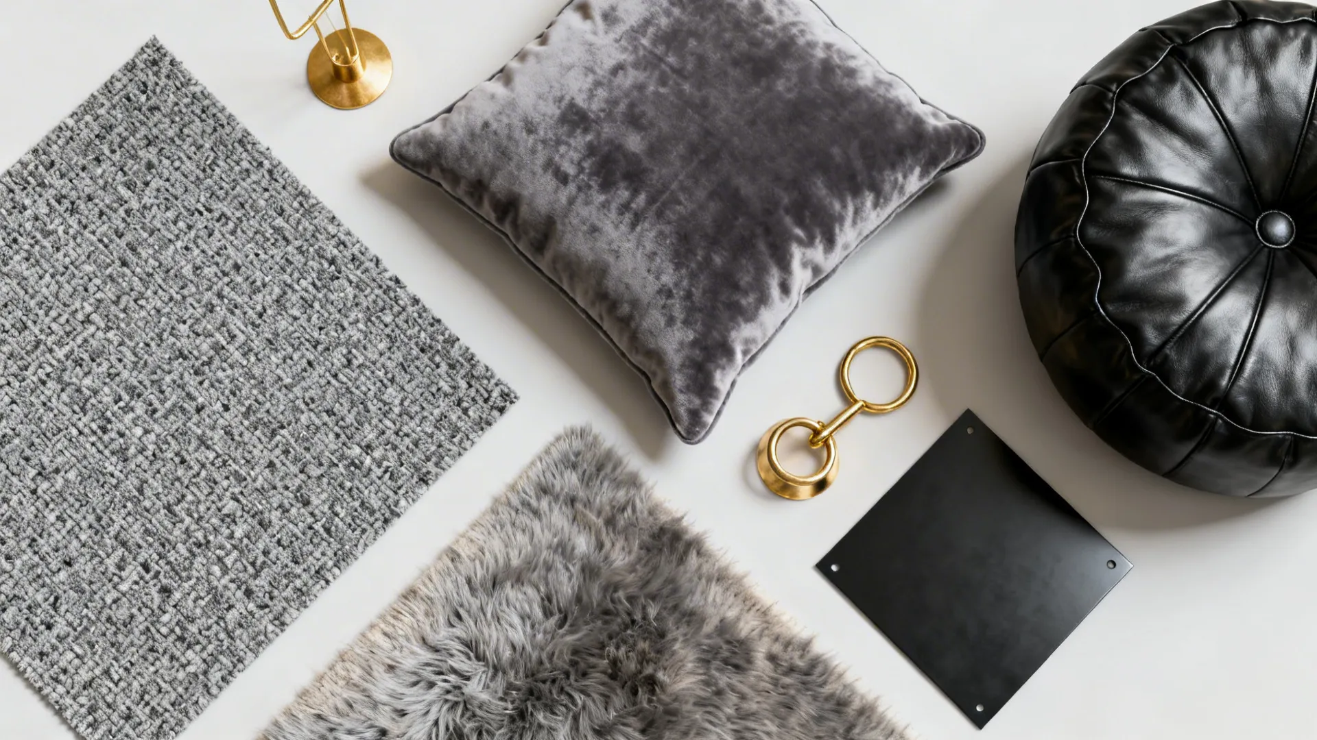 Flatlay of boucle, velvet, wool and matte metal swatches showing layered textures