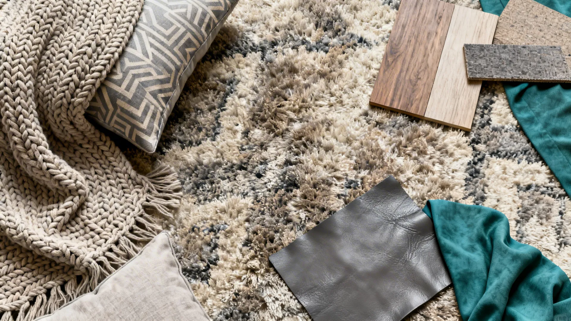 Flatlay of throws, cushions, rug and material swatches for a grey sofa scheme