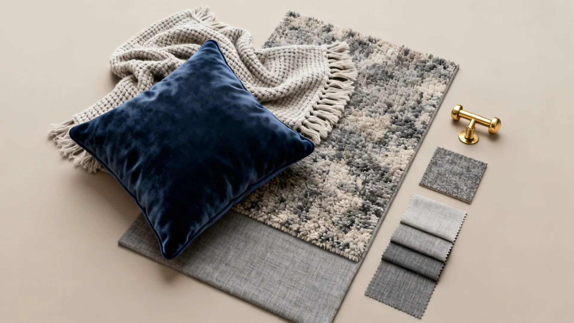 Top-down flatlay of velvet, knit, rug and gold hardware samples for a gray-blue-gold palette.