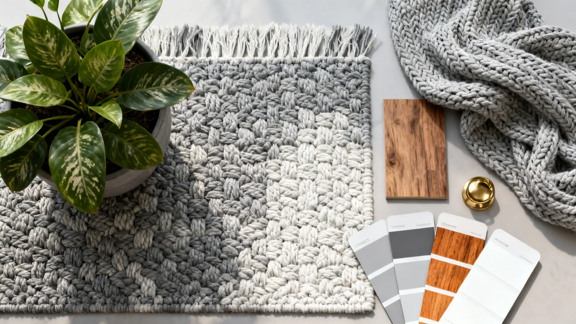 Flatlay of rug, throw, plant and wood samples for grey and white living room scheme
