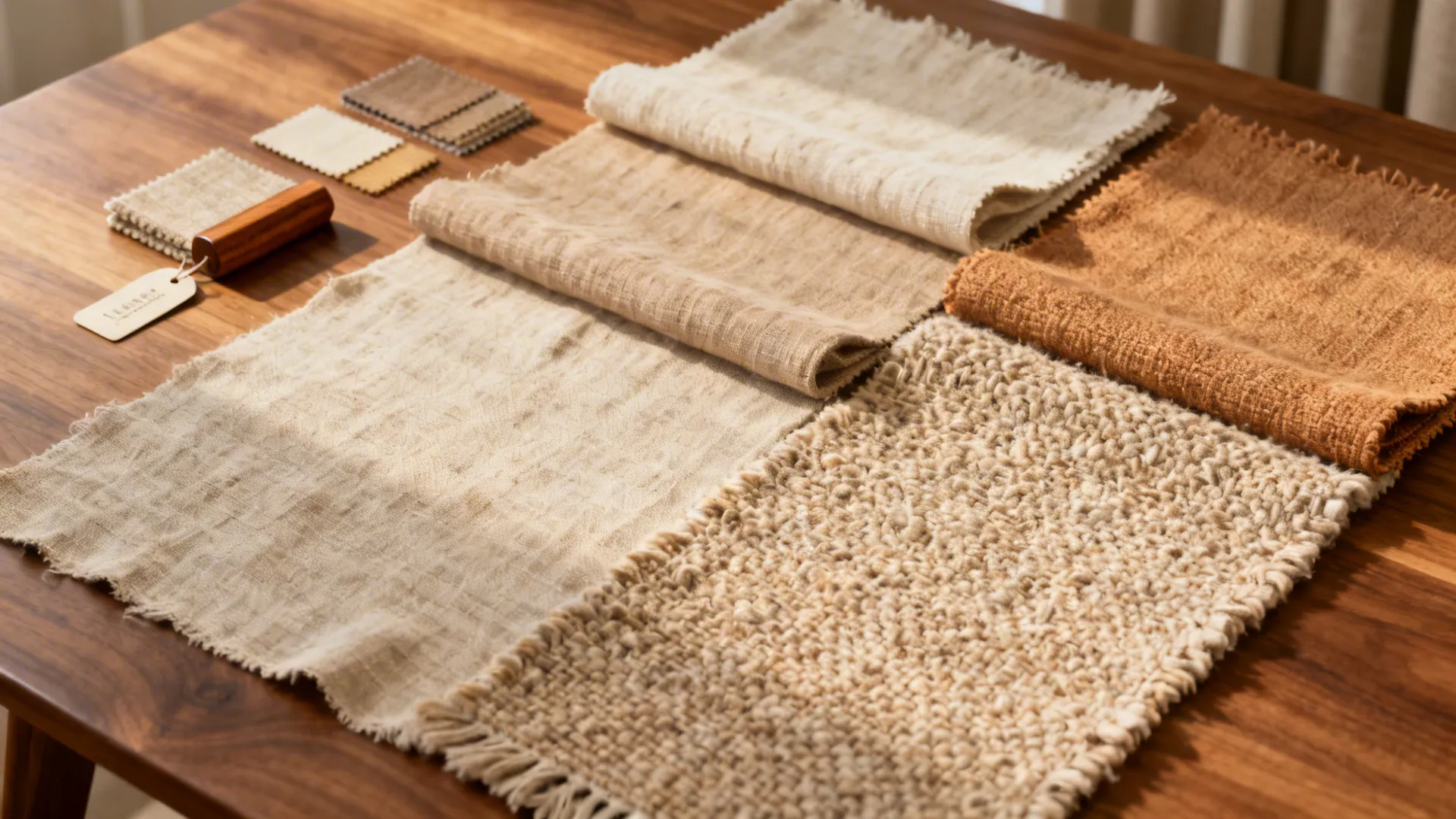 Flatlay of textured curtain fabric swatches in warm neutrals with teak sample