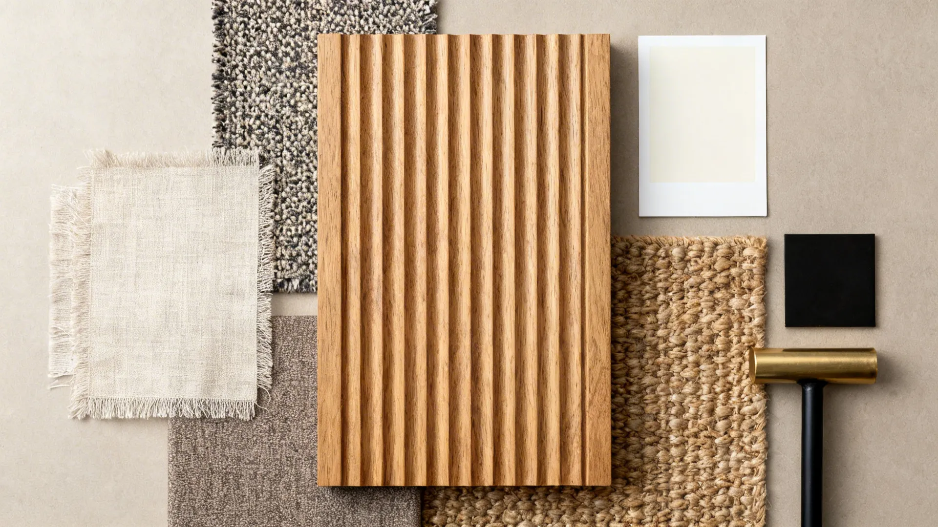 Material flat lay with fluted oak, boucle, linen, wool, jute, and warm white paint.