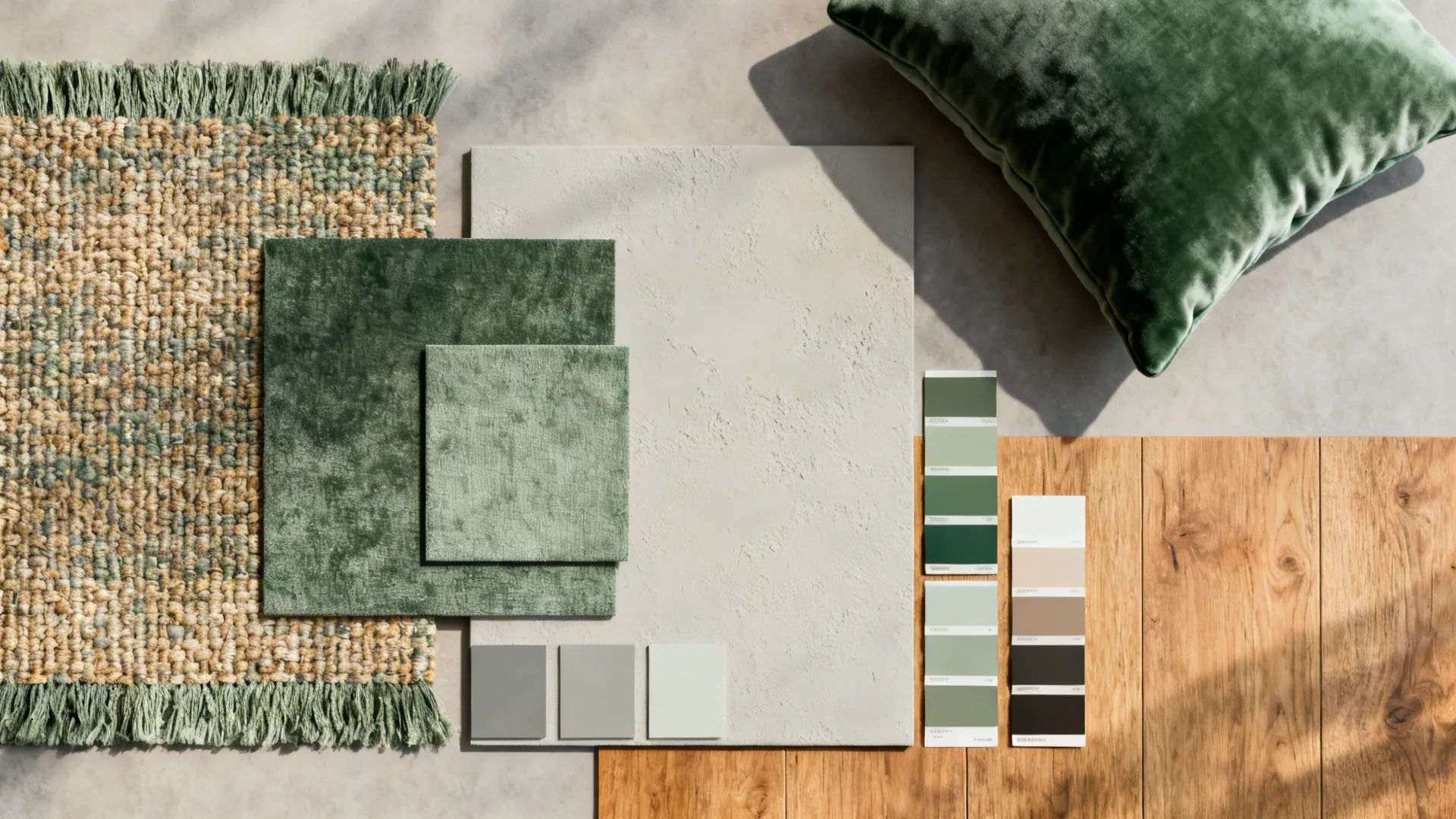 Flatlay of woven rug, velvet cushion, plaster sample and wood plank for layering textures in a Victorian room.