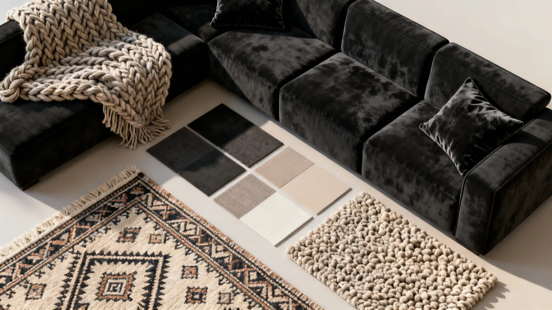 Top-down flatlay of throws, velvet cushions and rug swatches for a black sectional