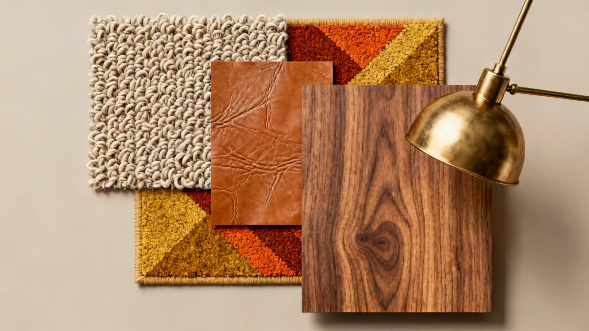 Flatlay of mid-century textures: boucle, leather, geometric rug, walnut veneer and brass finishes.