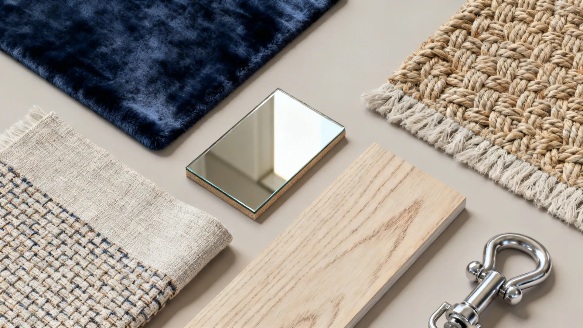 Top-down flatlay of velvet, linen, mirrored and wood material samples in blue and silver palette.