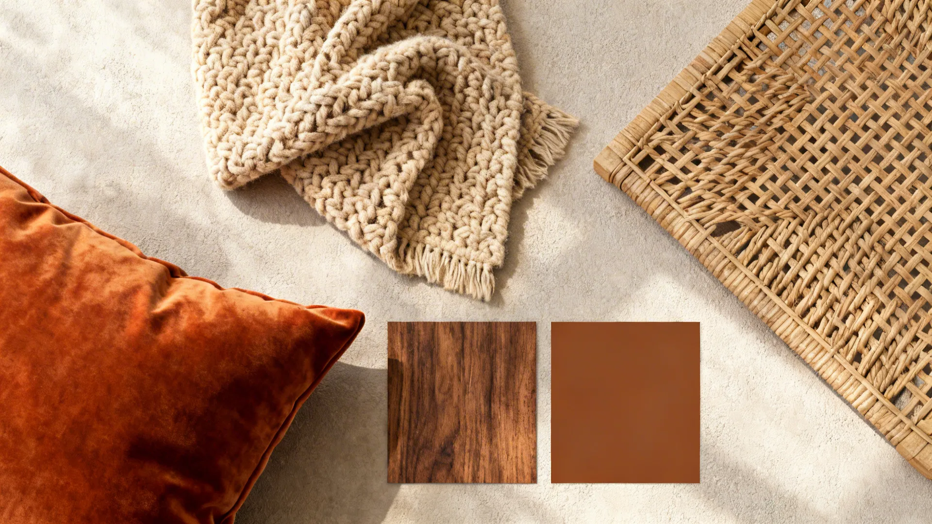 Flatlay of burnt-orange velvet, wool throw, rattan and walnut samples for a brown-orange palette.