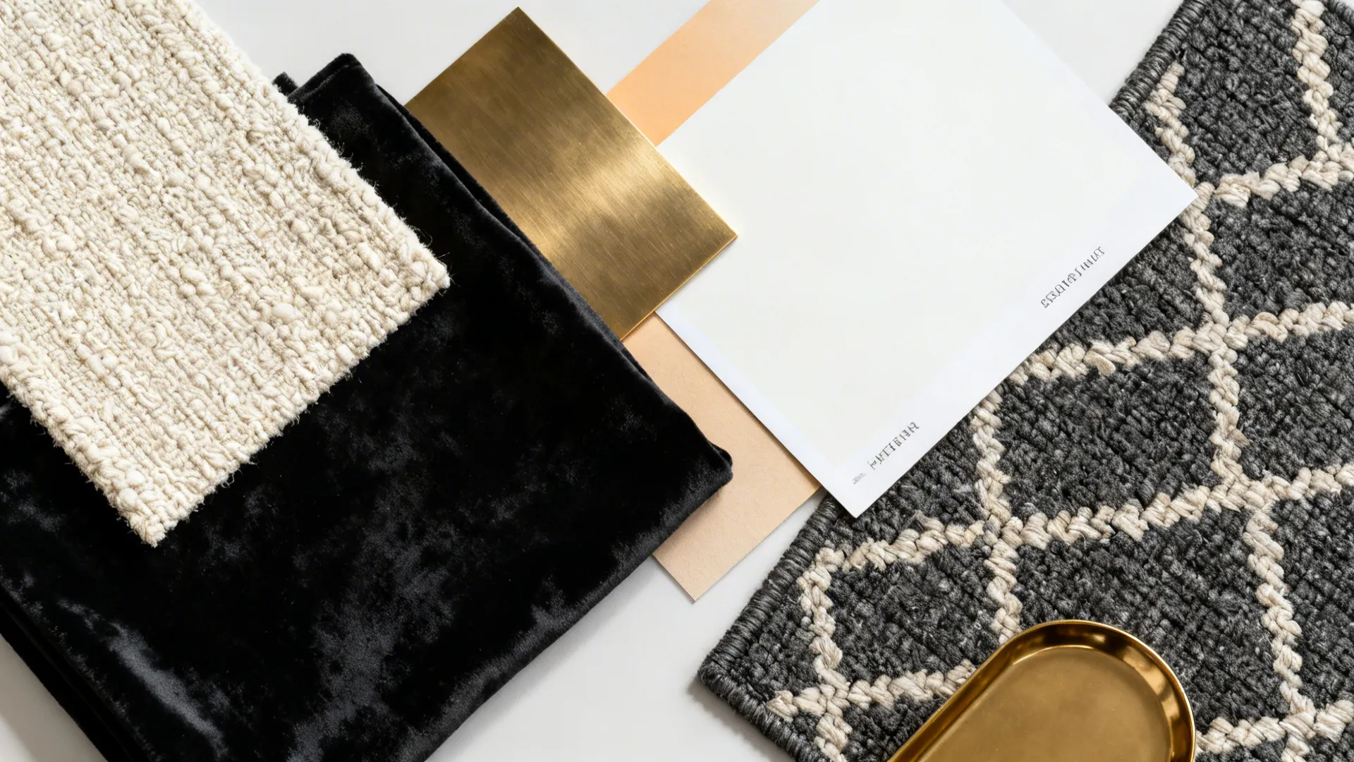 Interior design material board with black velvet white textures gold metal and patterned grey carpet