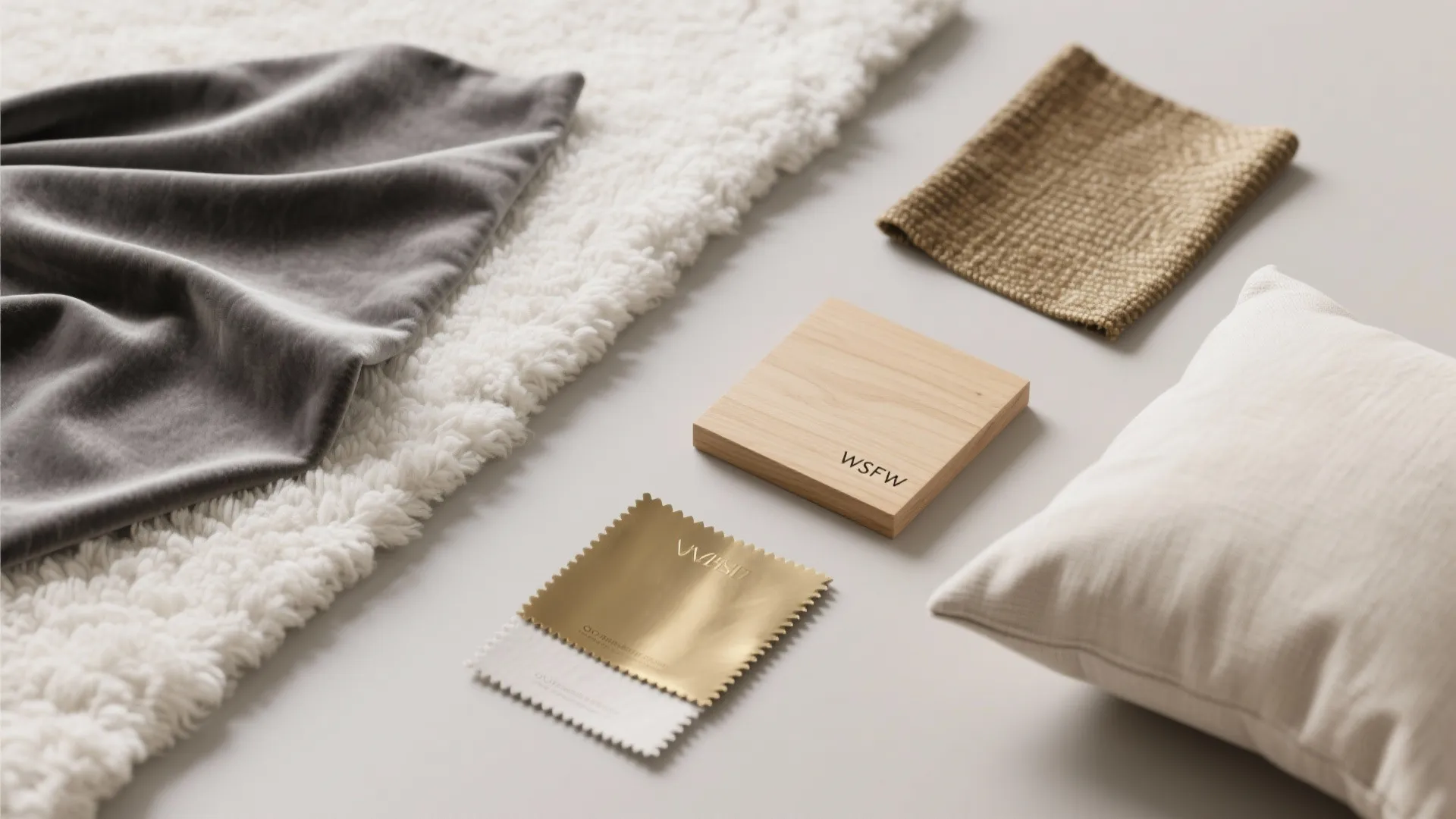 Flat lay of interior design materials featuring gray velvet gold swatch wood sample and pillow