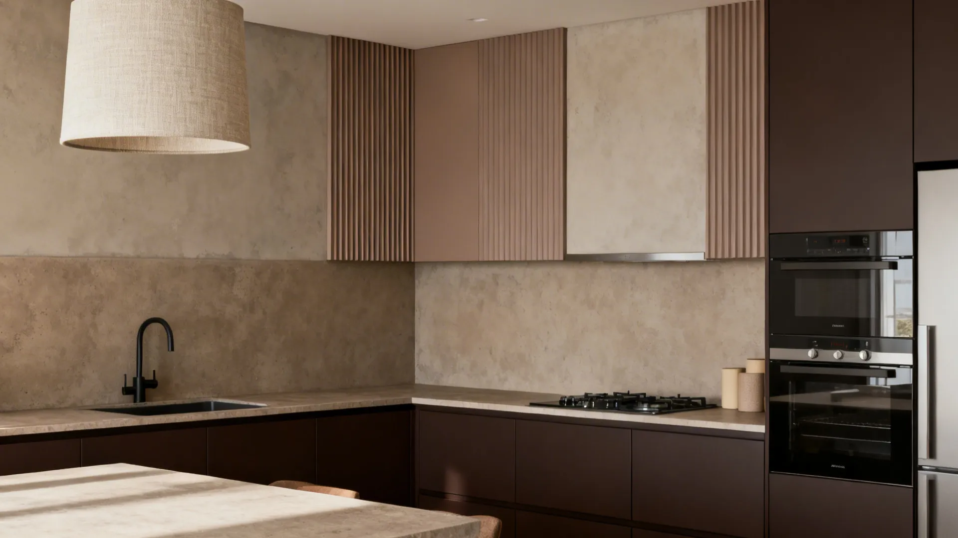 Modern espresso matte cabinets with fluted panels and taupe microcement backsplash.
