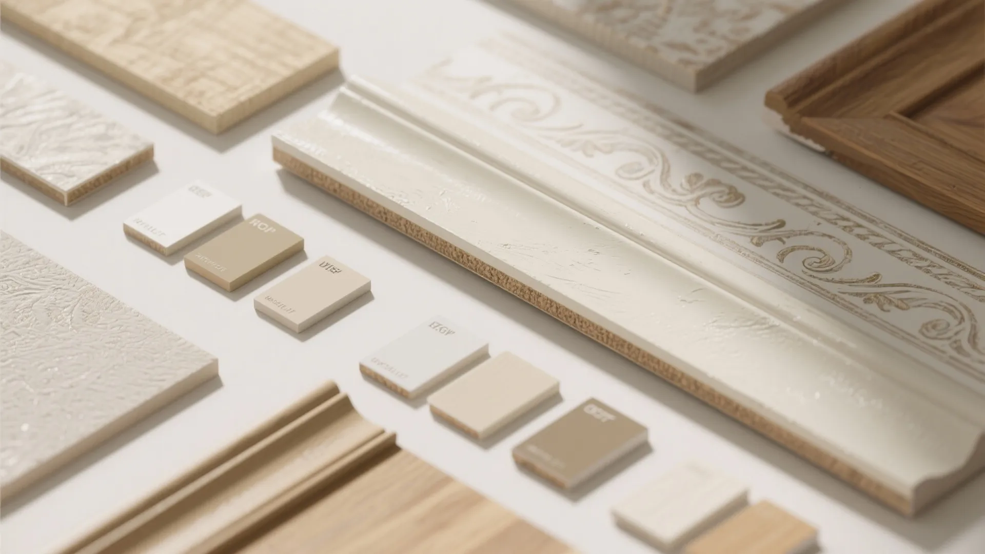 Interior design material board with white wall panel samples wood textures and neutral color paint swatches