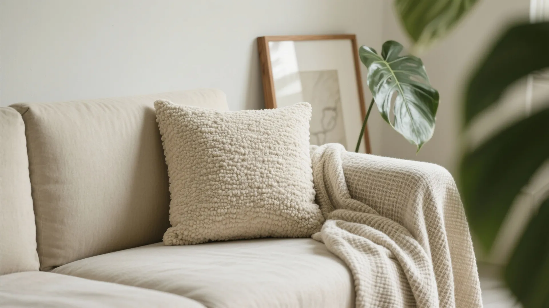 Close up of a beige sofa with a textured white pillow knitted blanket and green plant