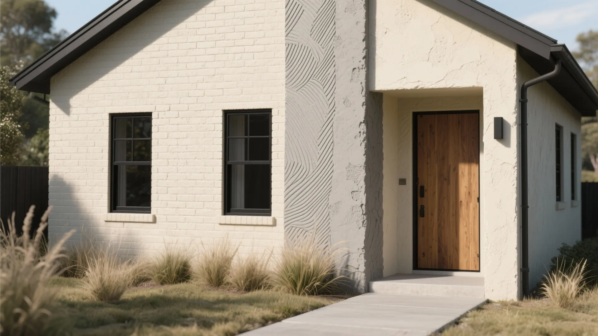Small modern house exterior with cream brick walls wooden door black windows and textured wall panel