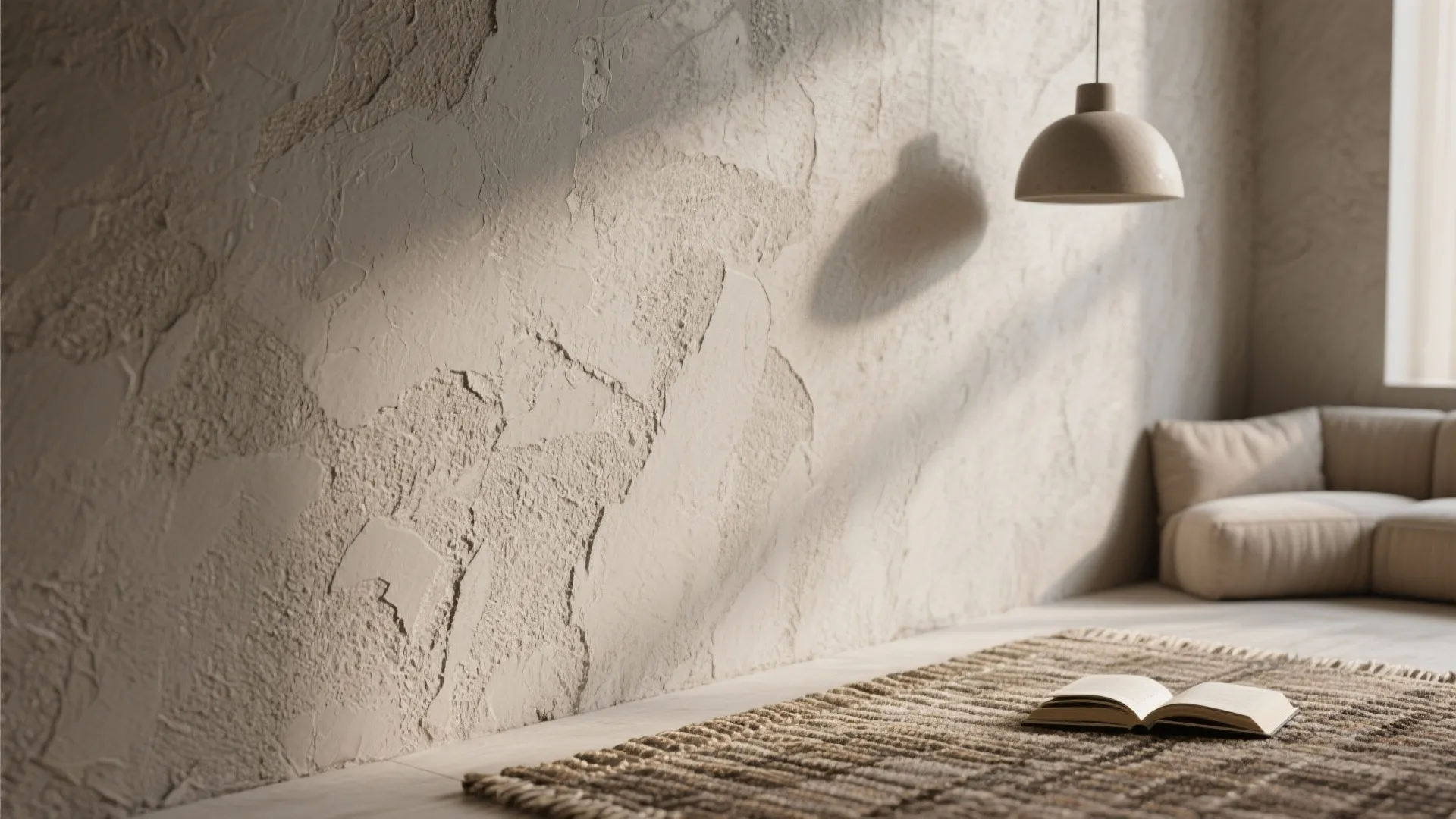 Textured warm gray plaster wall next to woven rug and matte ceramic light