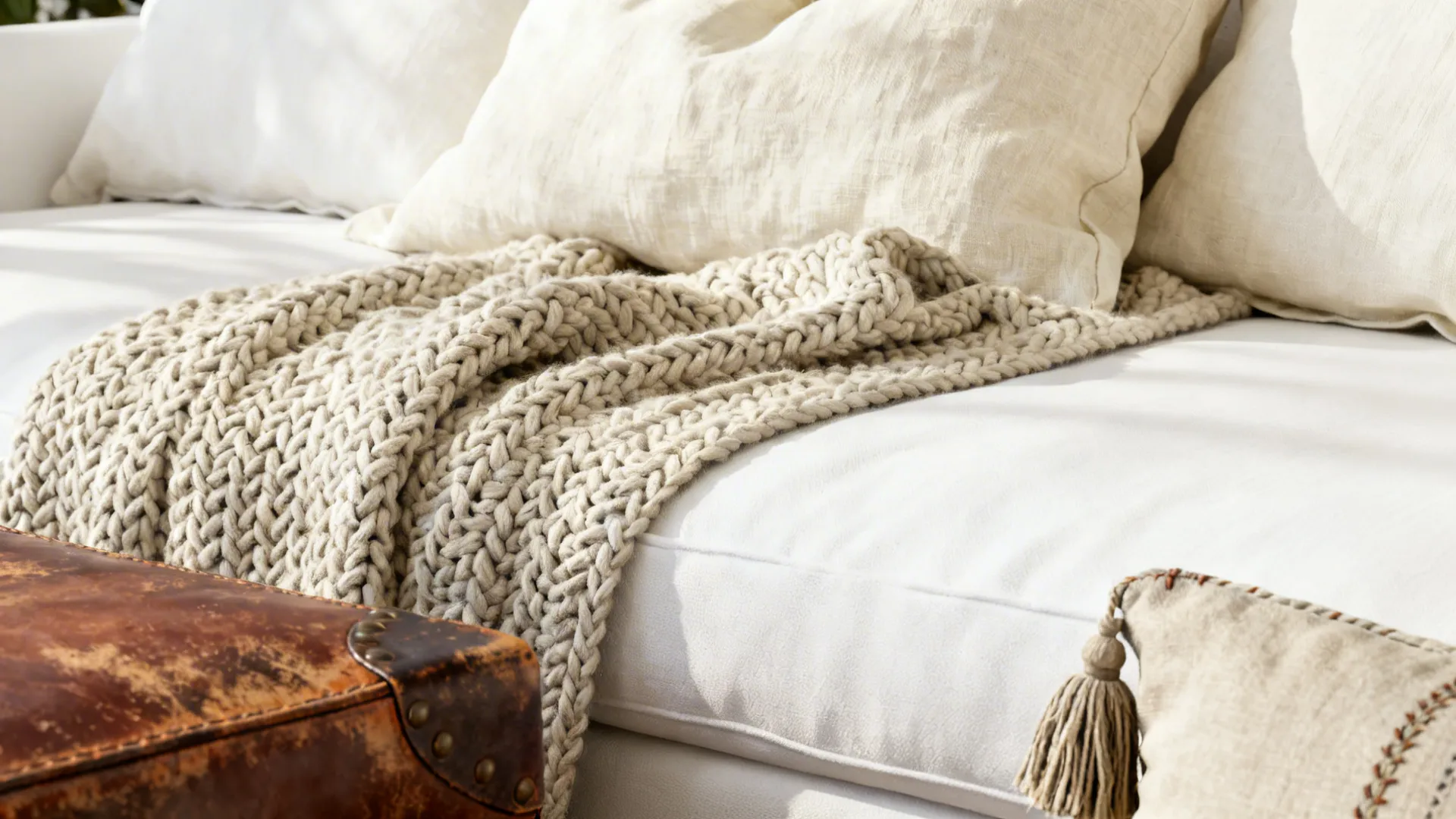 Close-up of knit throw, linen cushions and leather ottoman beside a white sofa.
