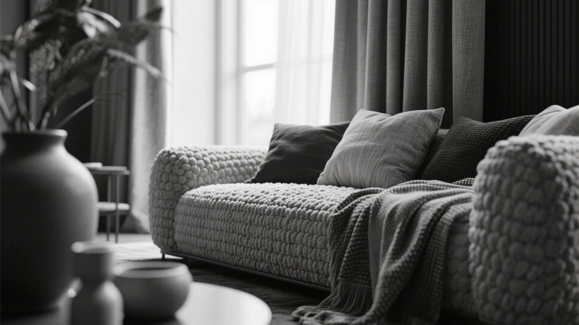 Close up of a textured grey sofa with pillows and blanket in a bright living room
