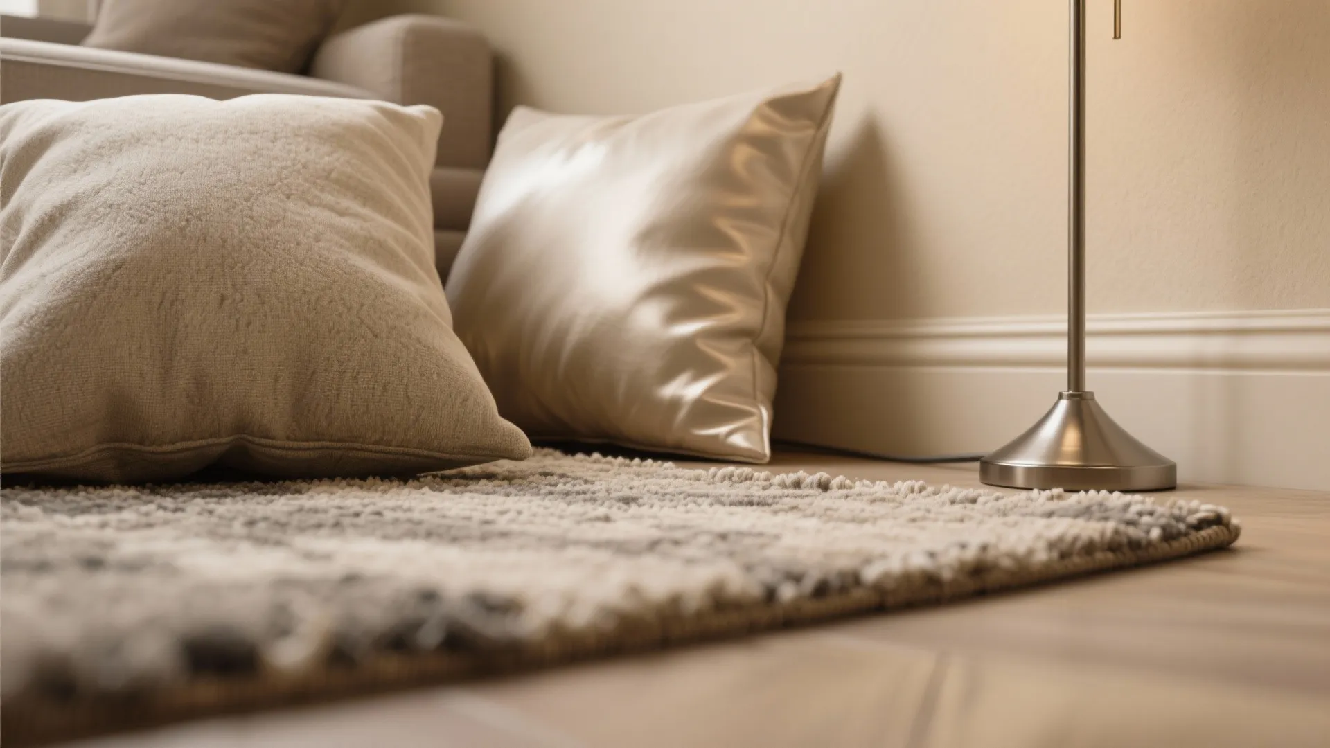 Close up view of floor rug and soft pillows next to a metal light fixture base
