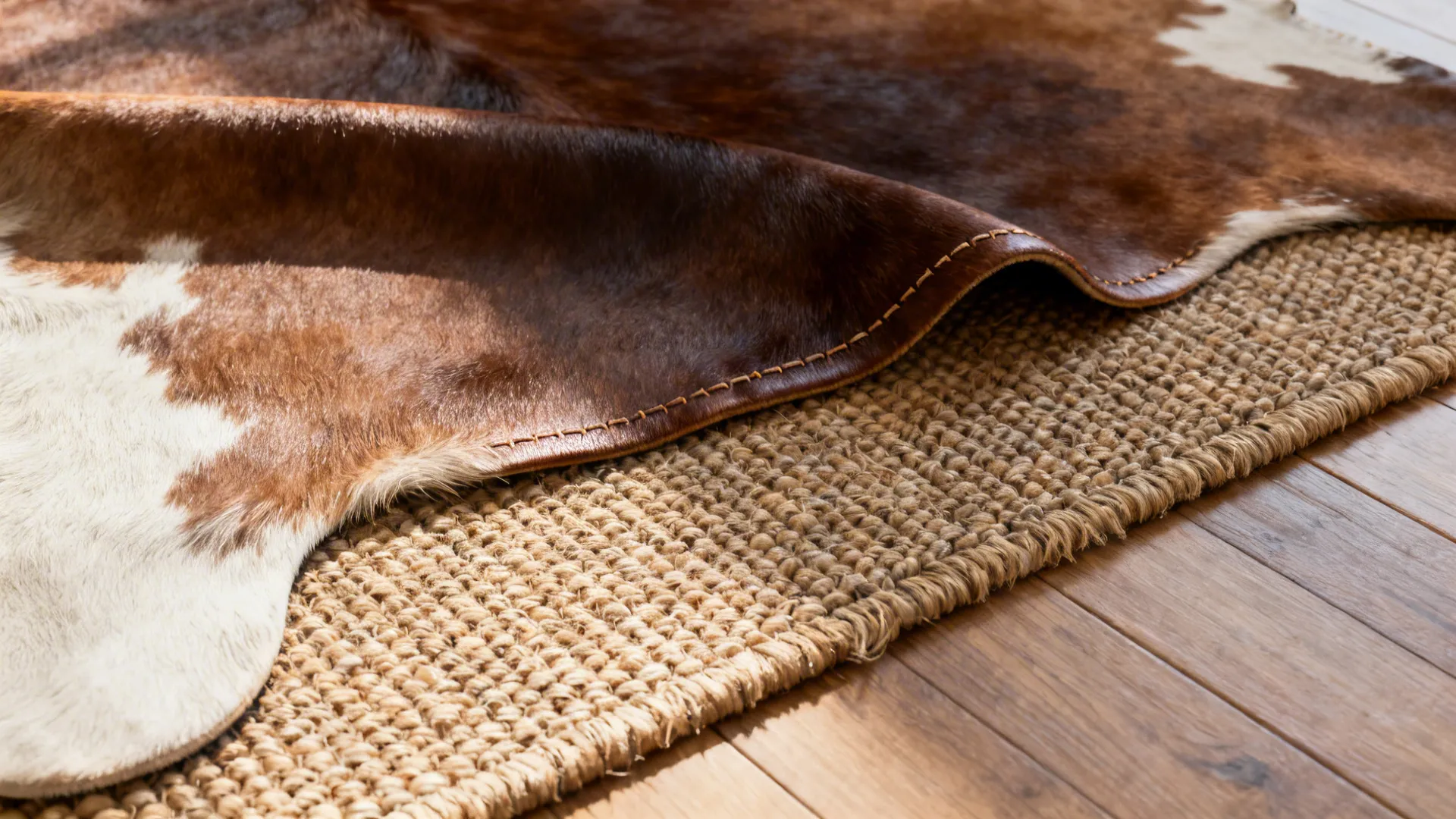 Top-down view of a smooth cowhide layered over a low-pile woven rug showing texture contrast.