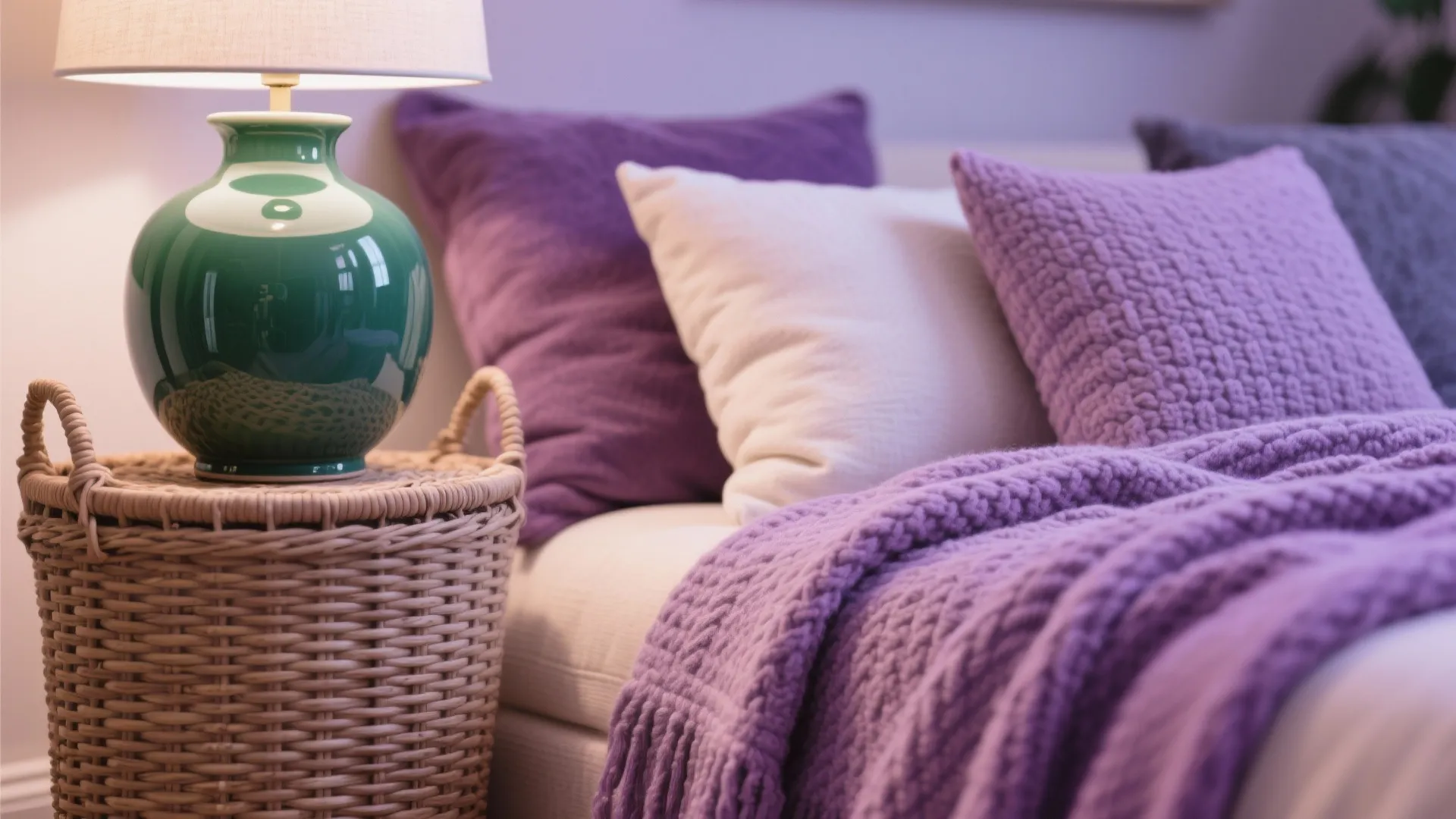 Close up of purple knitted blanket and pillows on a bed with a green lamp