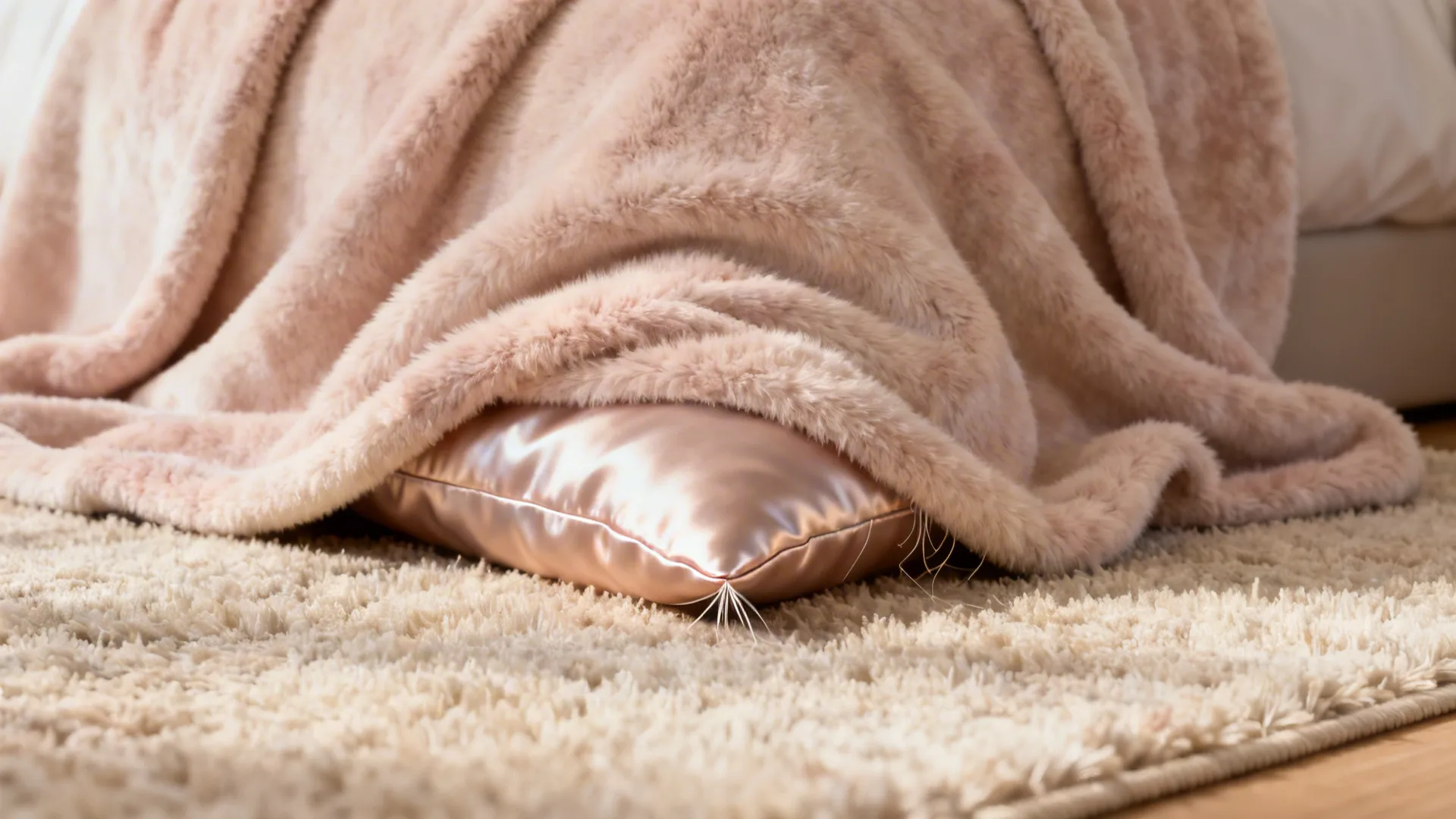 Macro of a plush throw over a low-pile rug with a satin pillow, warm and tactile.