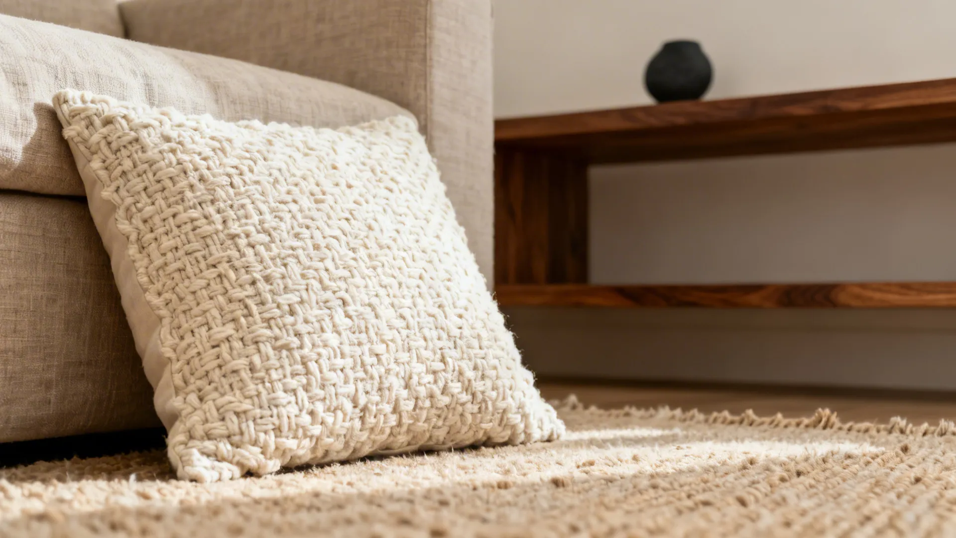 Close-up of linen and boucle cushions on a wool rug with a walnut shelf and charcoal accent.