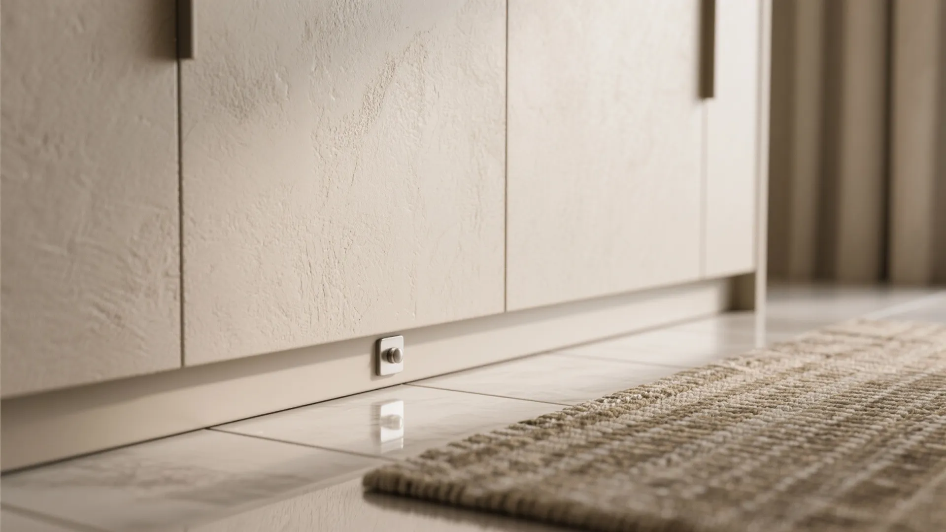 Close up of textured beige cabinet doors with a small light fixture and a rug