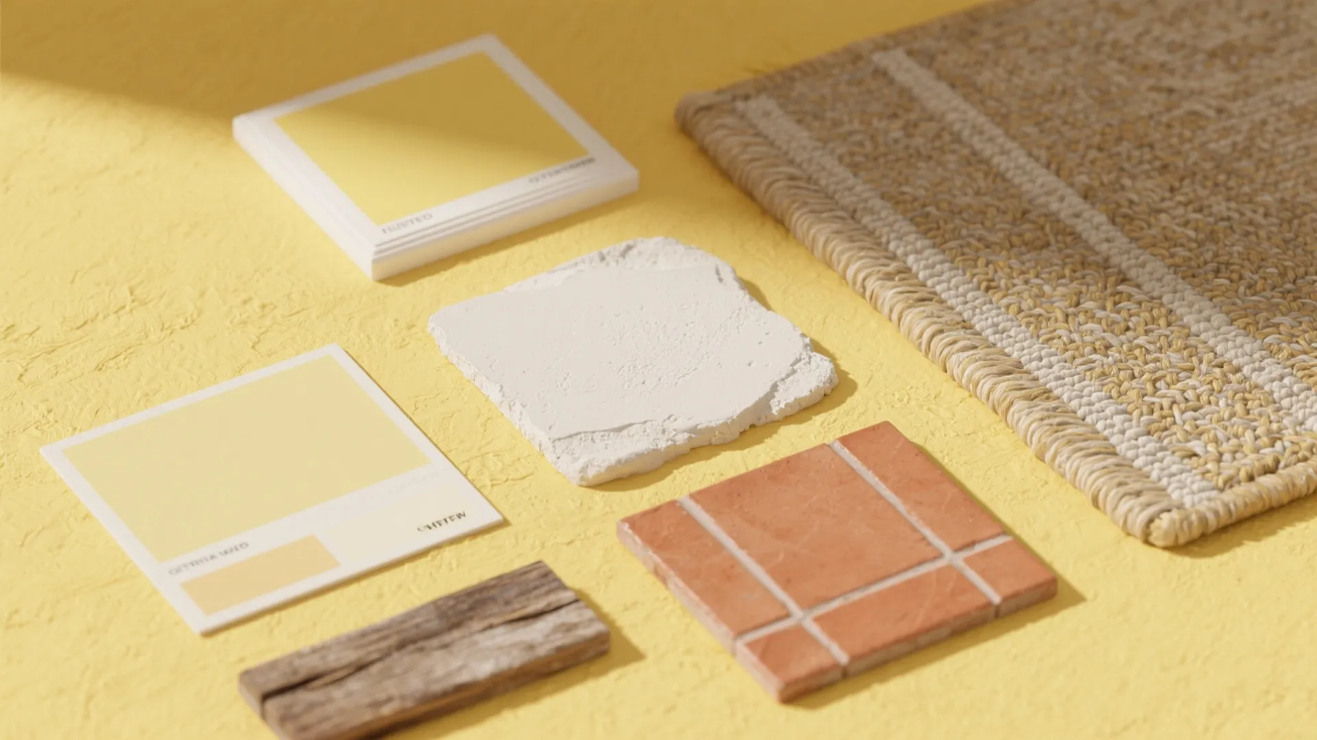 Interior design material board with yellow paint samples woven rug stone wood and orange tiles